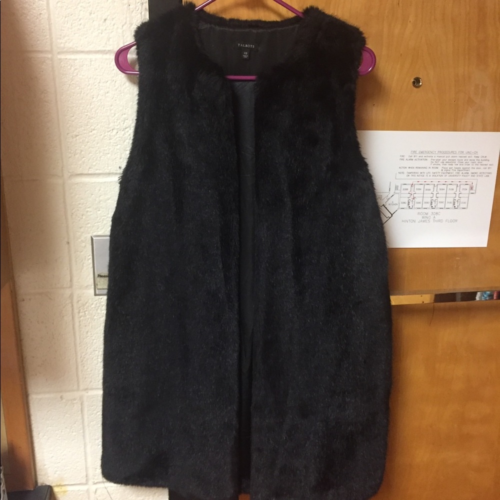 Talbots faux fur black long vest size XS